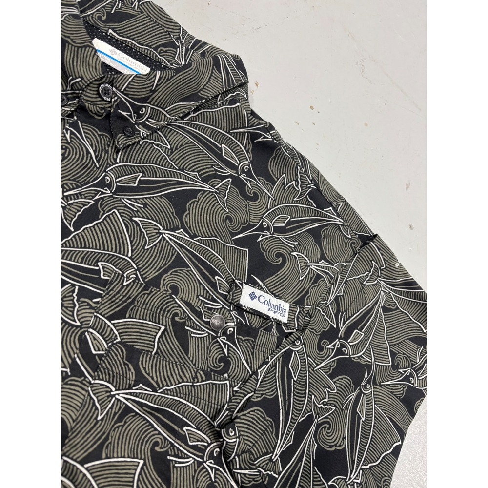 Columbia PFG Marlin Fish Print Fishing Shirt Mens XL Black Tan Short Sleeve